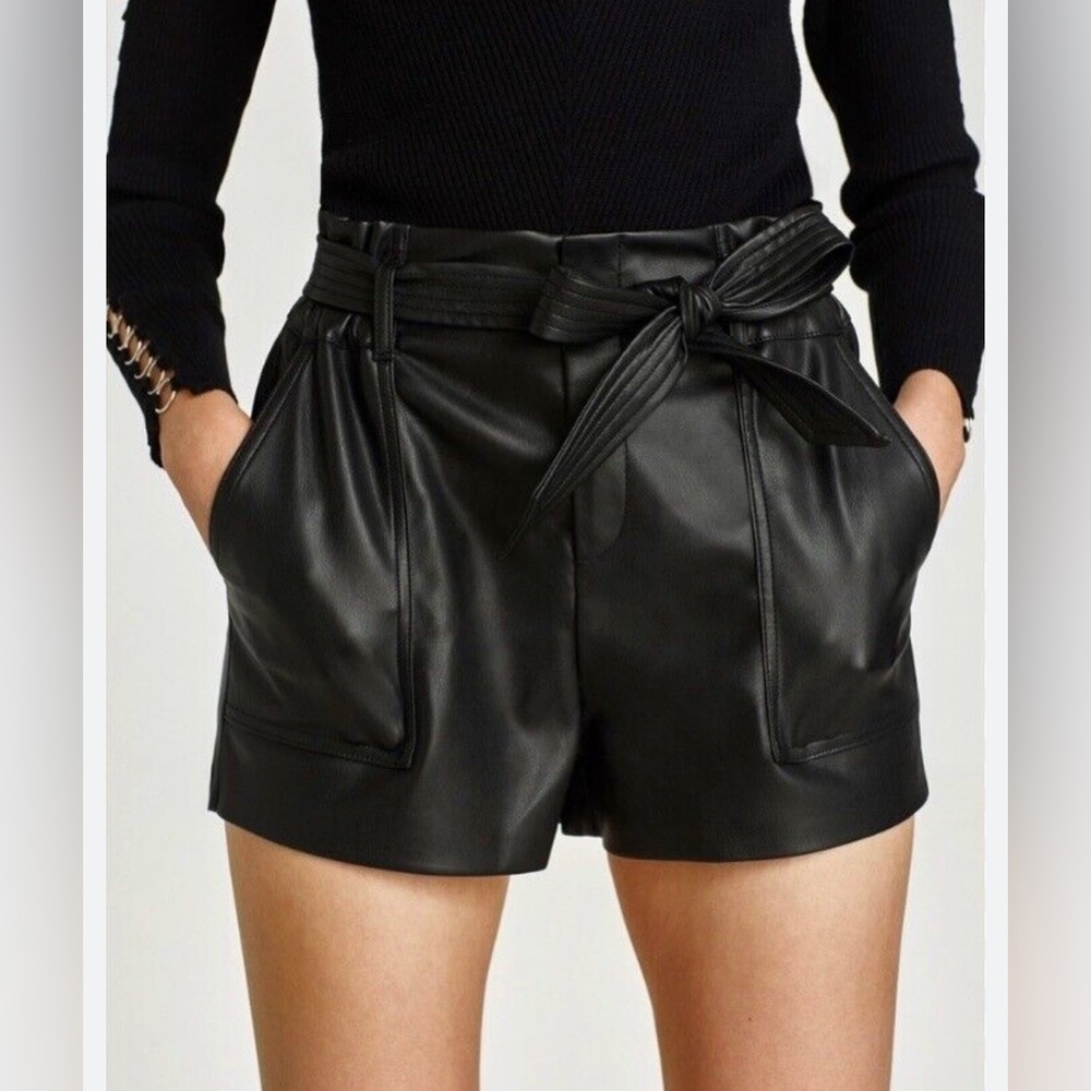 Black Faux Leather Front Tie Shorts